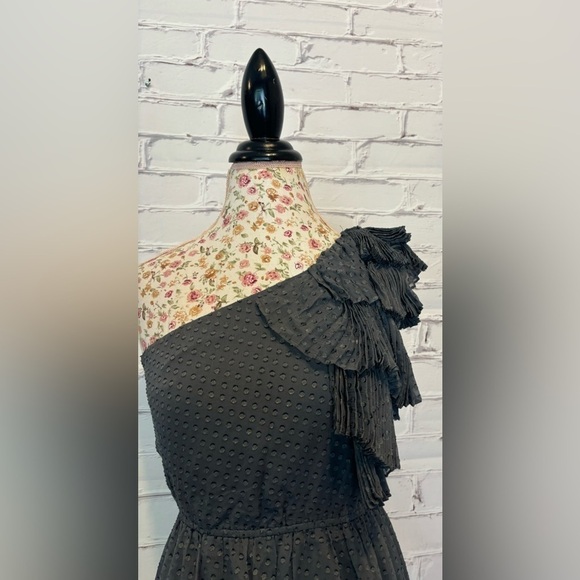 REBECCA TAYLOR GRAY 1 SHOULDER RUFFLED DRESS DOT SILK CHIFFON PARTY MINI - 4 - Picture 7 of 8